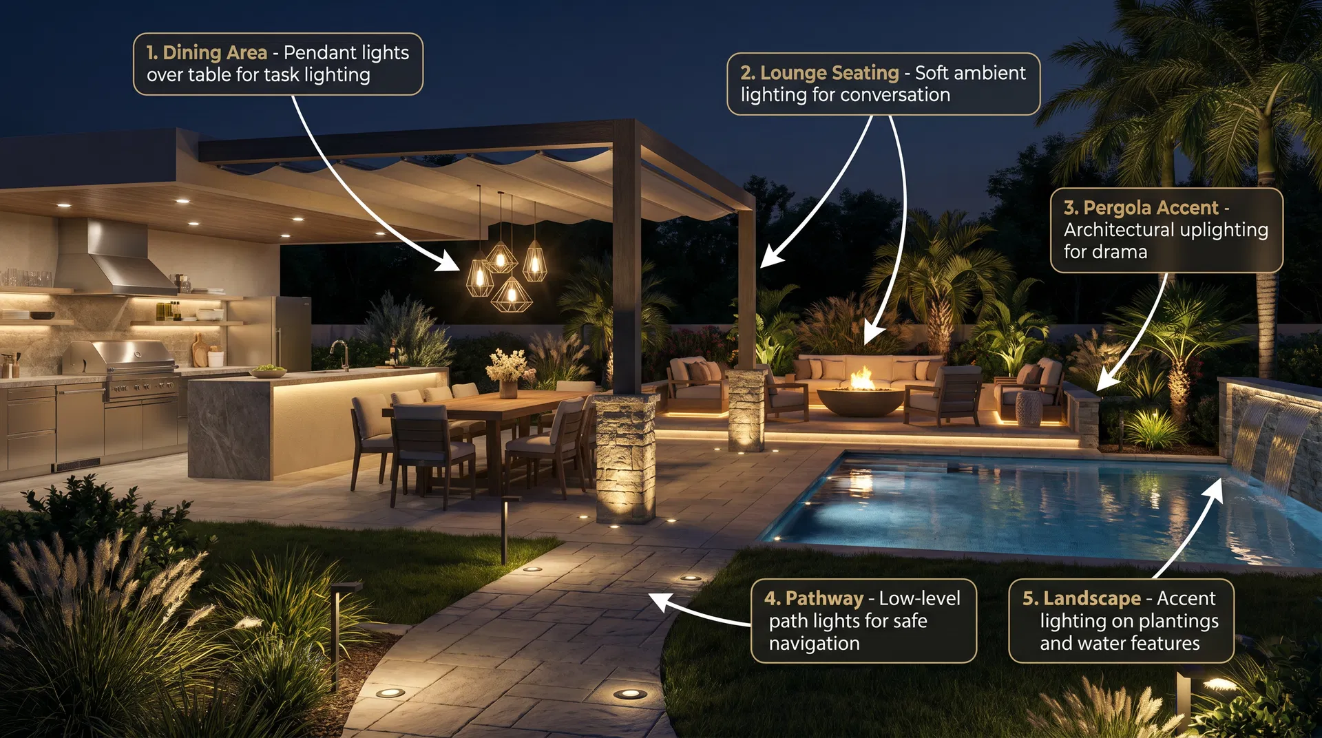 Annotated pool and outdoor living lighting design showing fixture types and positions