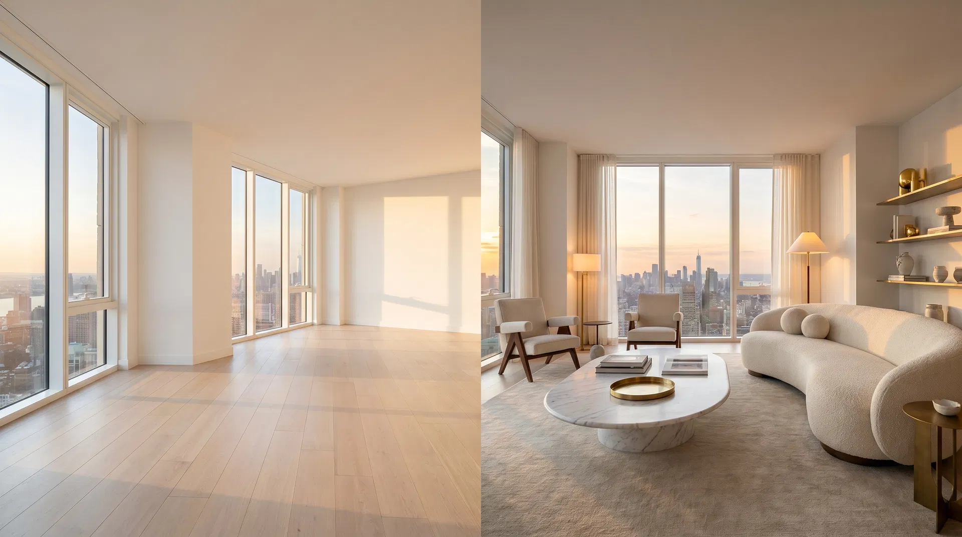 Luxury virtual staging before and after split-screen transformation