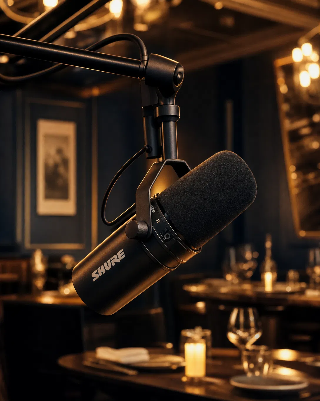 Professional podcast microphone in restaurant setting