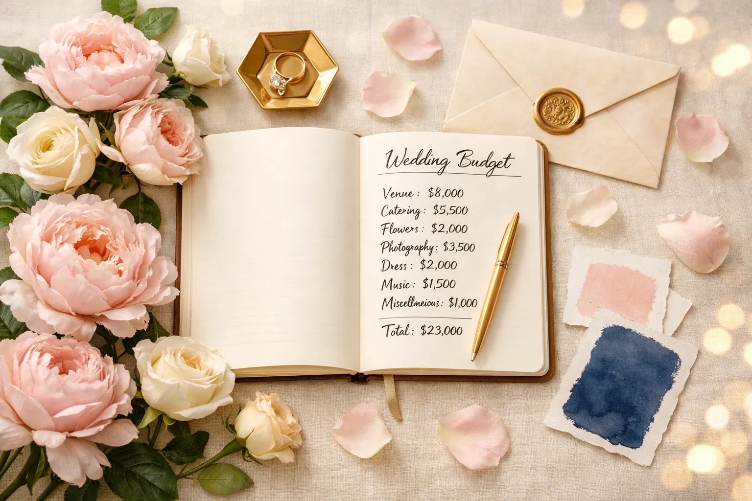 Wedding budget planning flatlay with notebook, flowers, and gold pen