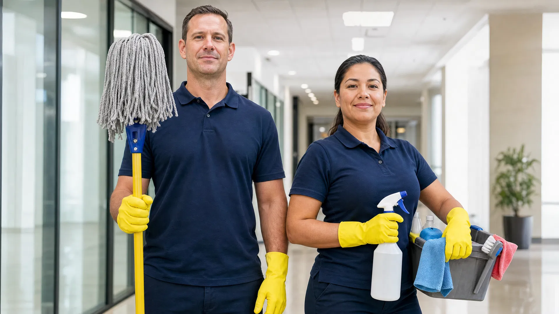 Professional janitorial workers — a man and a woman in uniform, ready to work
