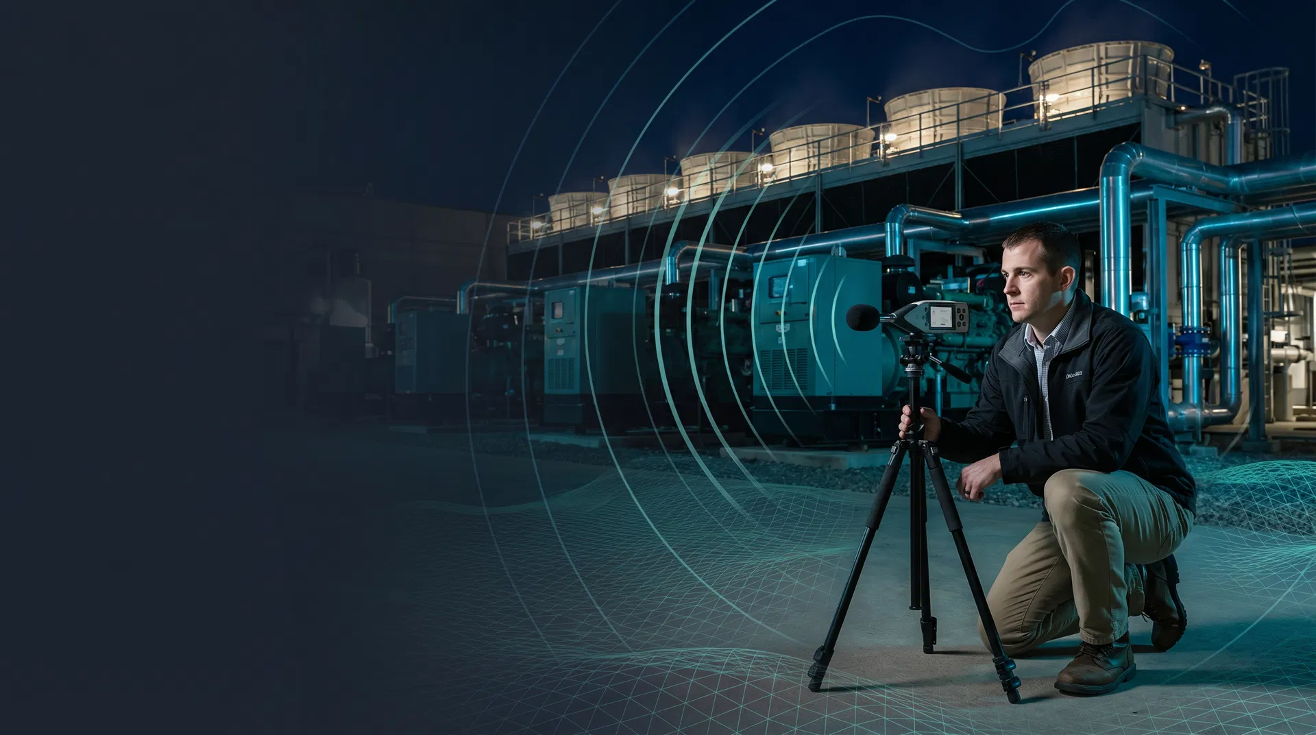 Illustrated nighttime data center scene with acoustic analysis overlays