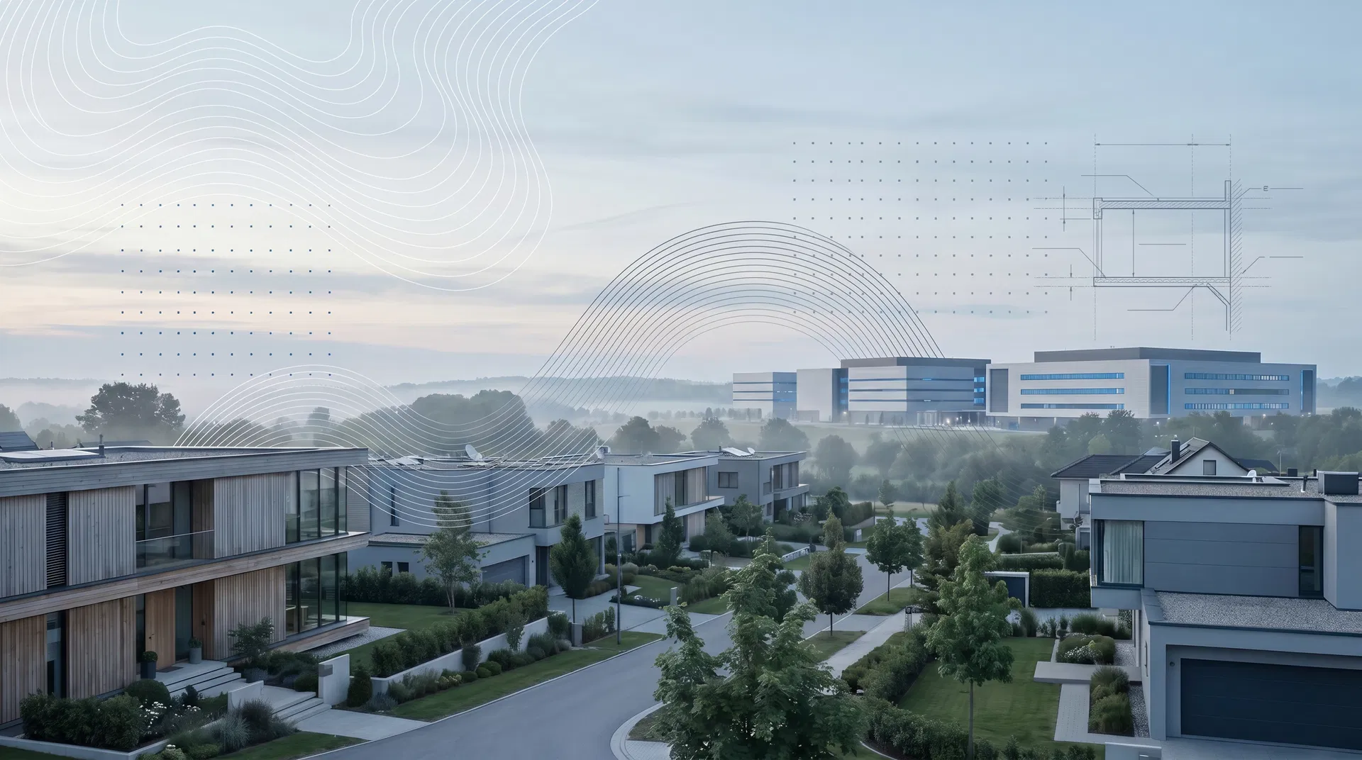 Residential community context with subtle acoustic overlays and distant data center