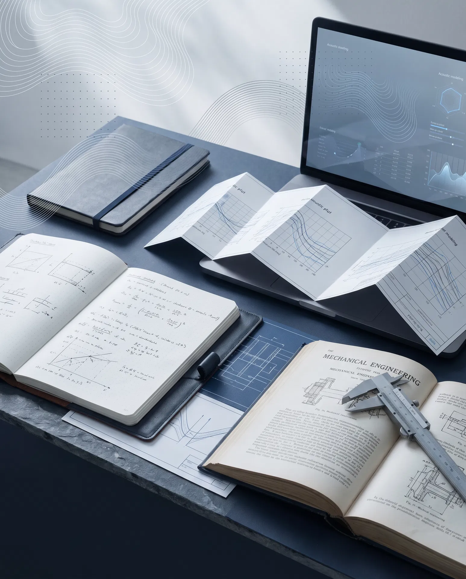 Editorial still life suggesting acoustical engineering expertise and technical preparation