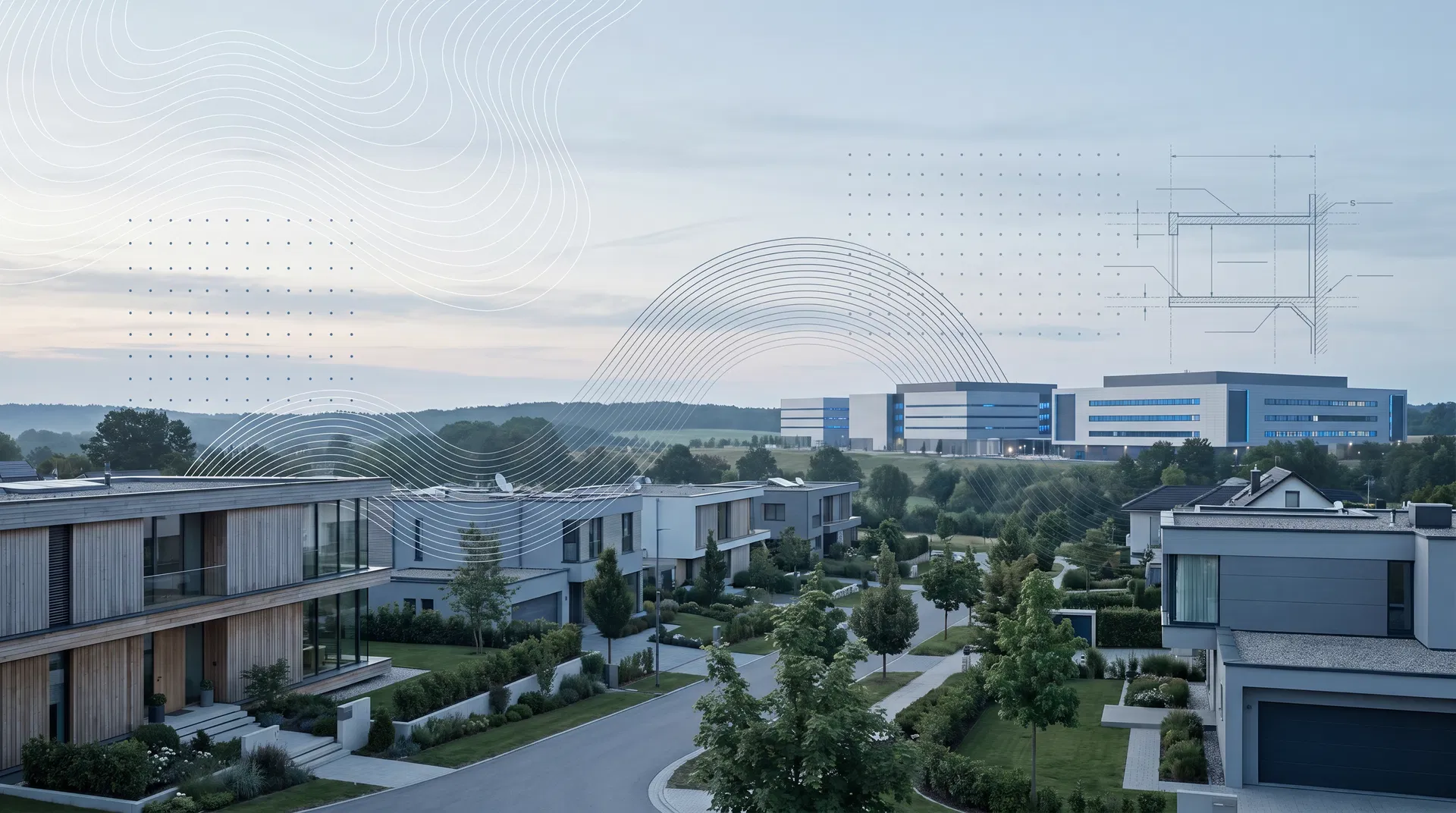 Calm residential neighborhood with distant data center and subtle technical acoustic overlays