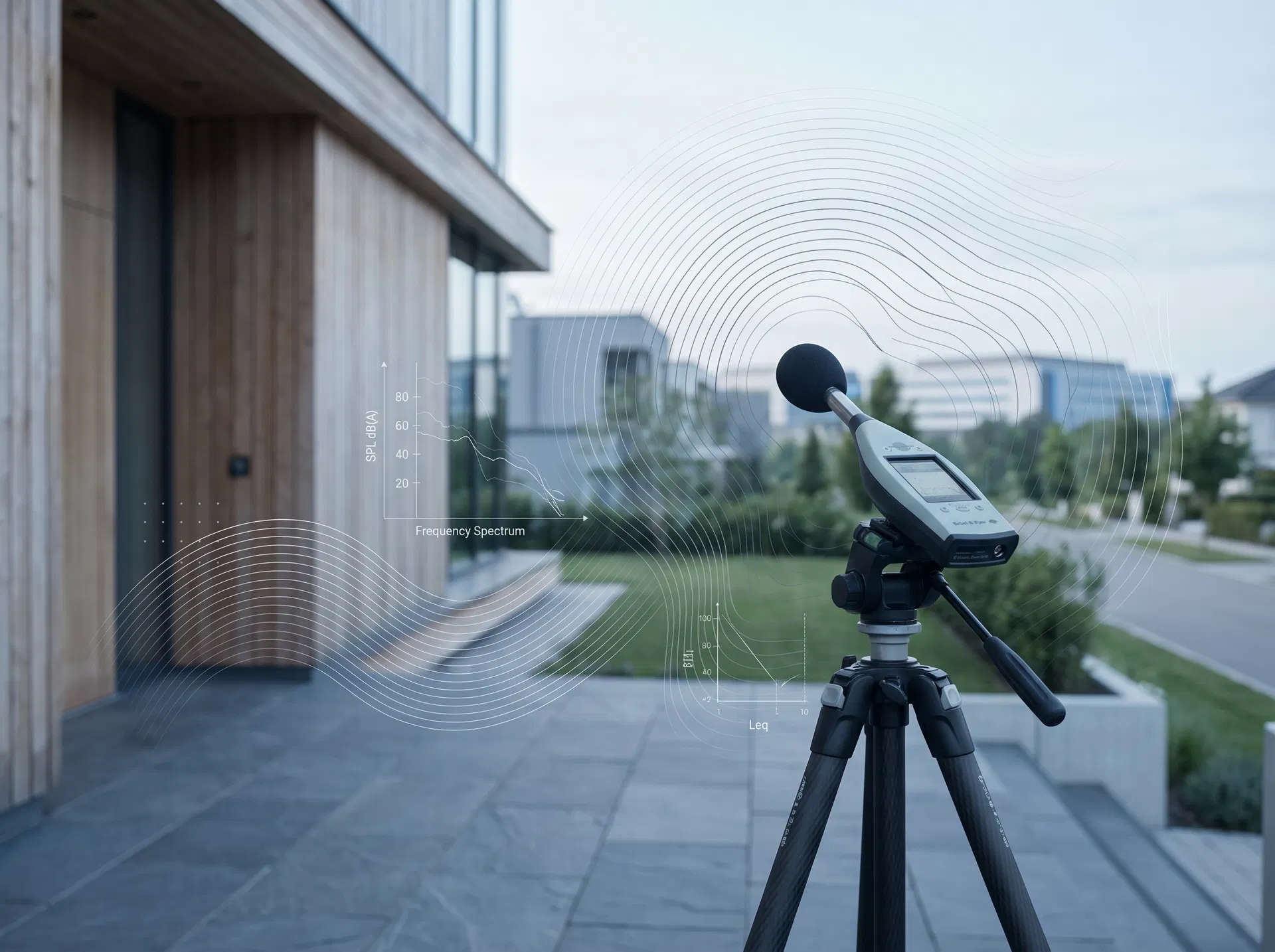 Sound measurement equipment near a residence with subtle acoustic graphics