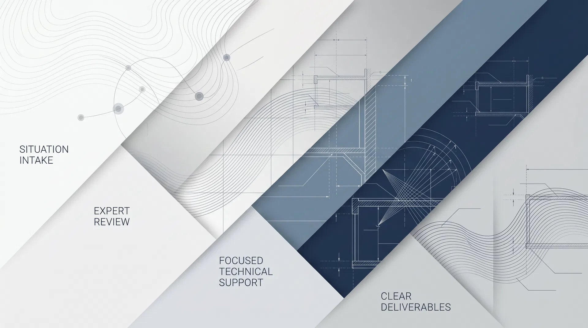 Abstract engineering process image showing situation intake, expert review, focused technical support, and clear deliverables