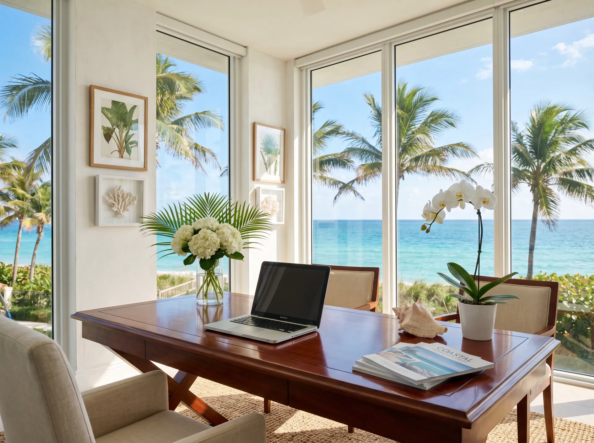 Professional coastal real estate office with ocean views through large windows, mahogany desk with laptop and tropical flowers