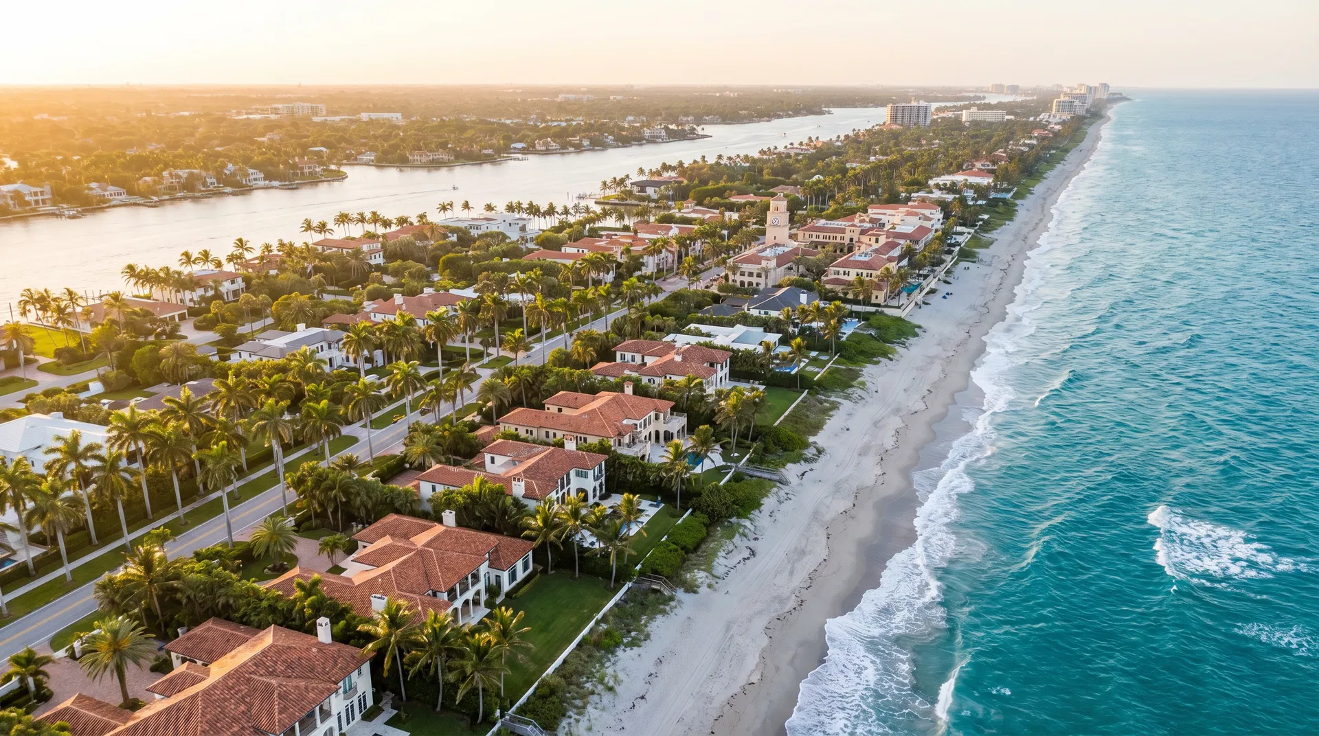 Aerial view of luxury waterfront homes along the Palm Beach County coastline at golden hour