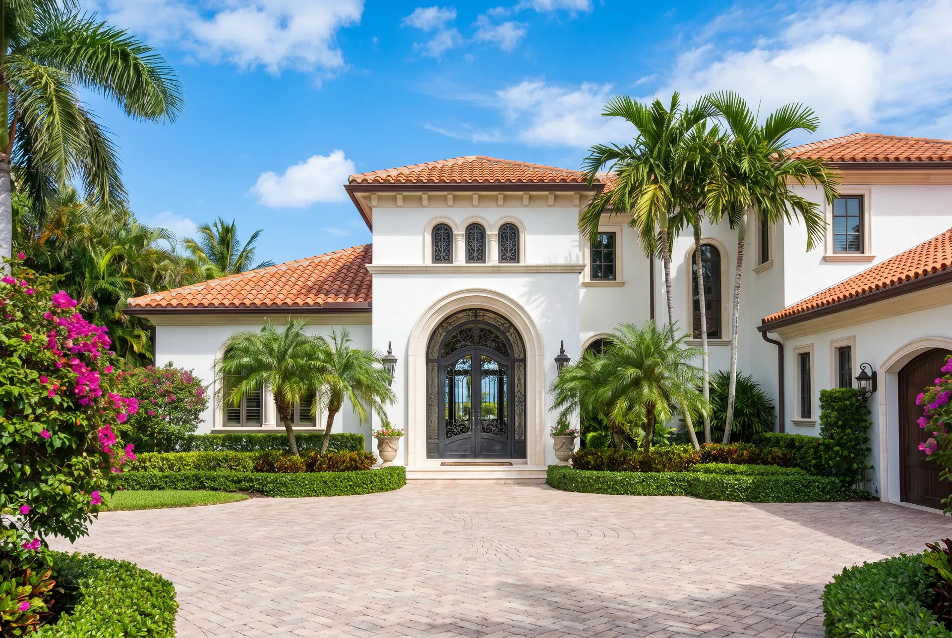 Stunning Mediterranean Revival luxury estate in Palm Beach with terracotta roof, arched entryway, and lush tropical landscaping