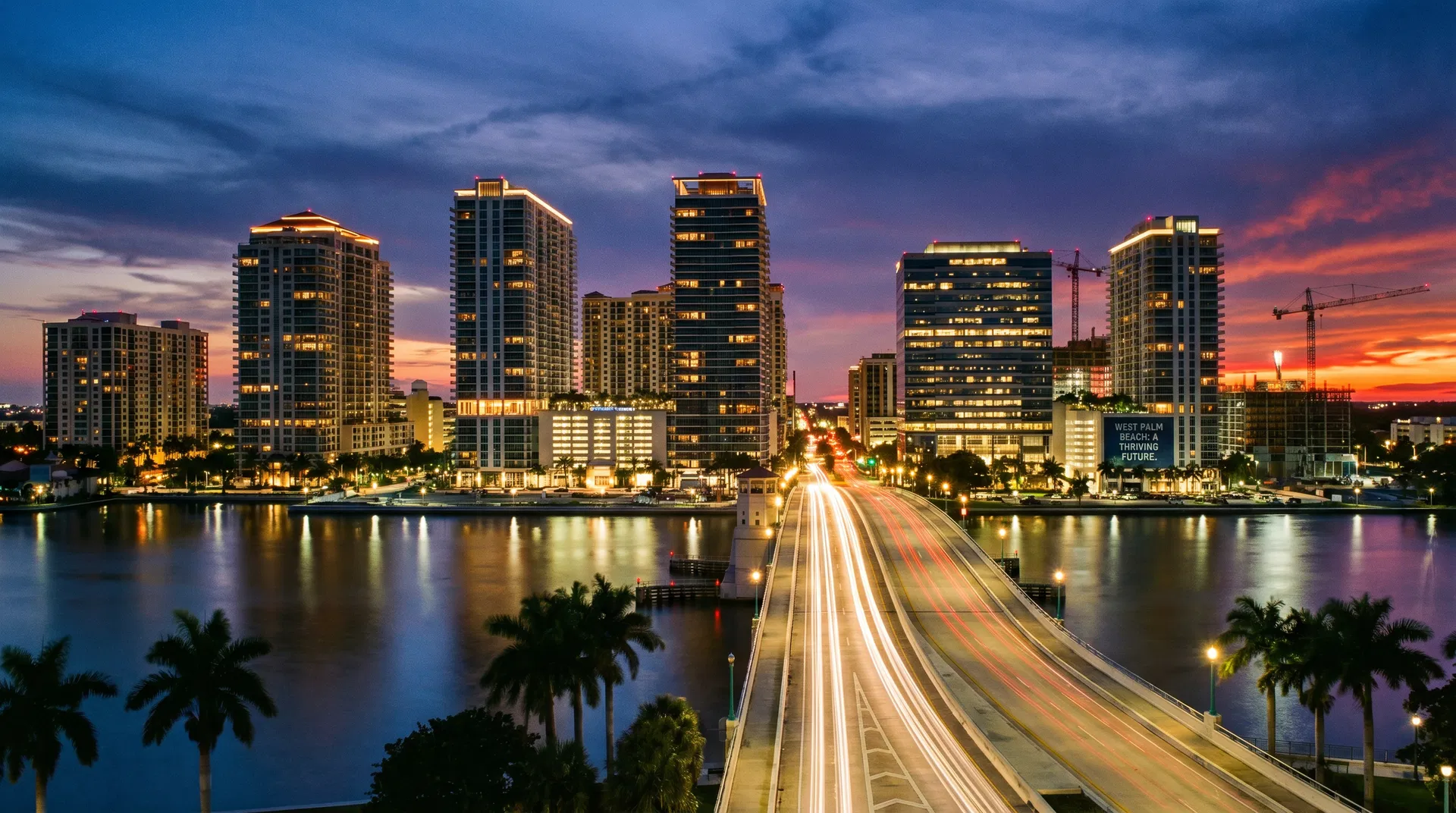 West Palm Beach skyline at twilight reflecting on the Intracoastal Waterway