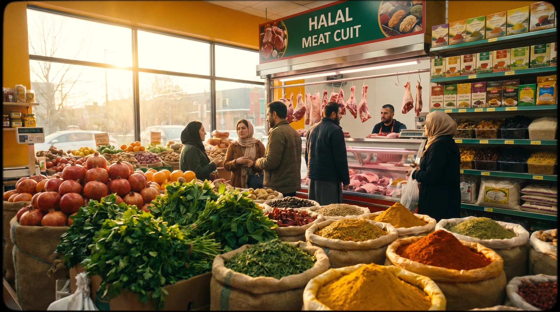 Afghan Halal Market interior — fresh produce, spices, and halal meats