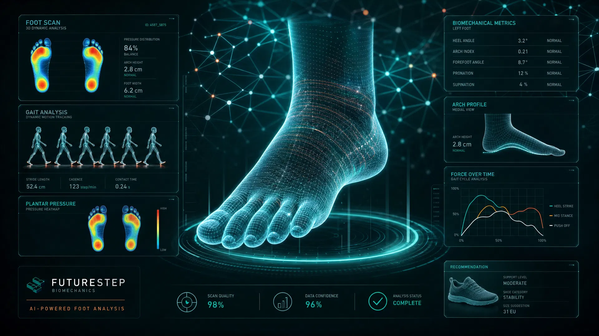 Somade AI system showing 3D foot scan with biomechanical data panels
