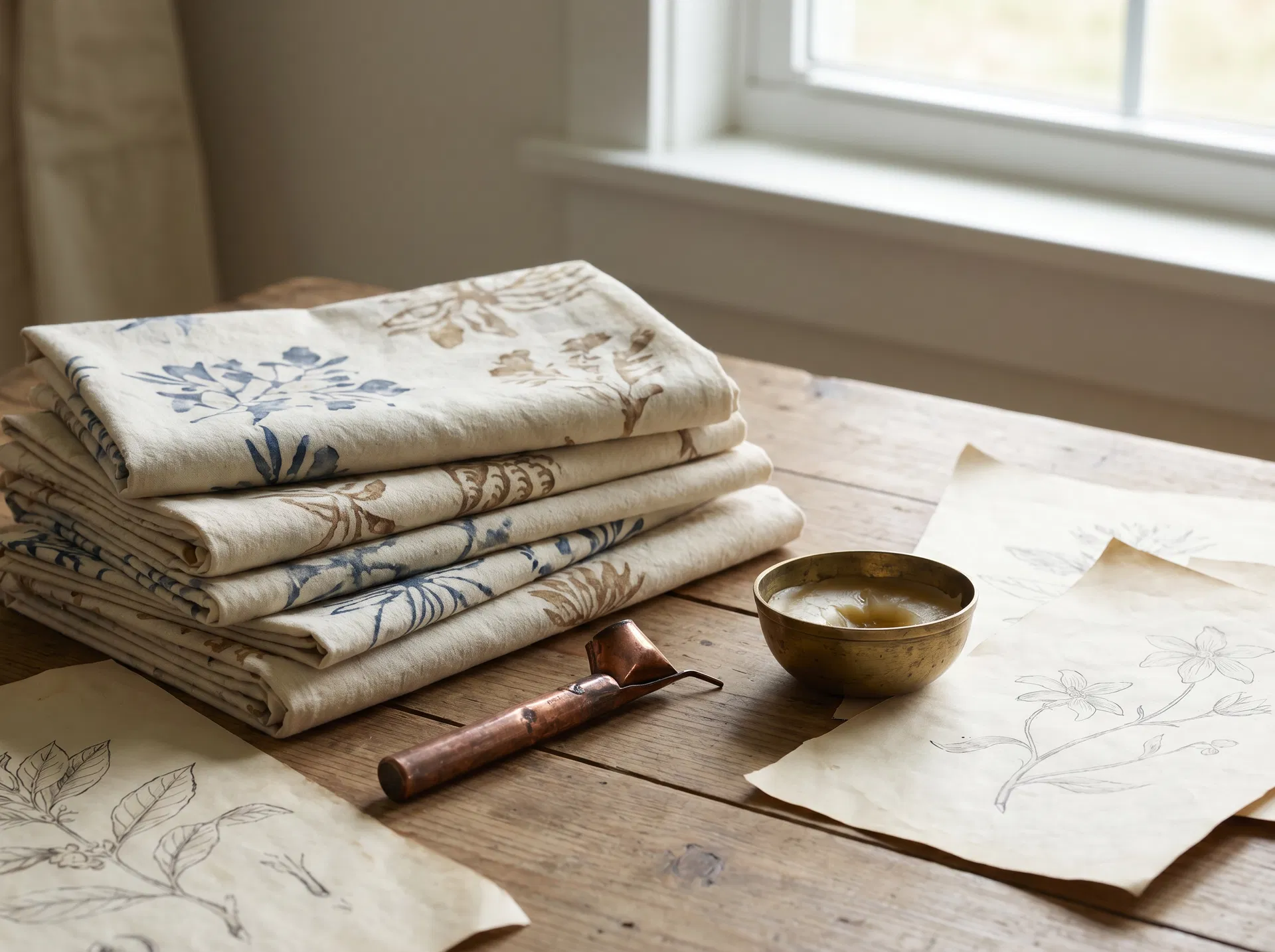 Folded batik cotton, a copper canting tool, wax bowl, and floral motif sketches arranged on a wooden atelier table