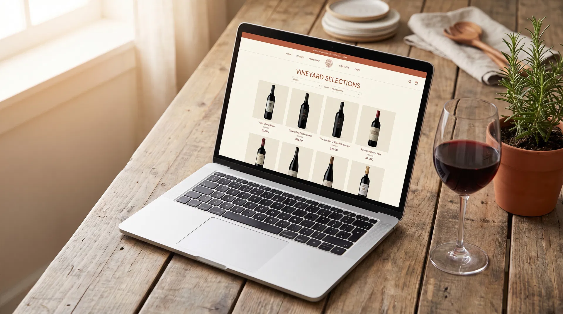 Boutique e-commerce viticole sur laptop — stratégie vente directe domaine viticole