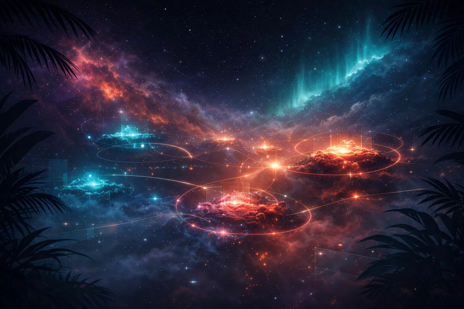 Glowing connected ecosystem nodes in a cosmic sky