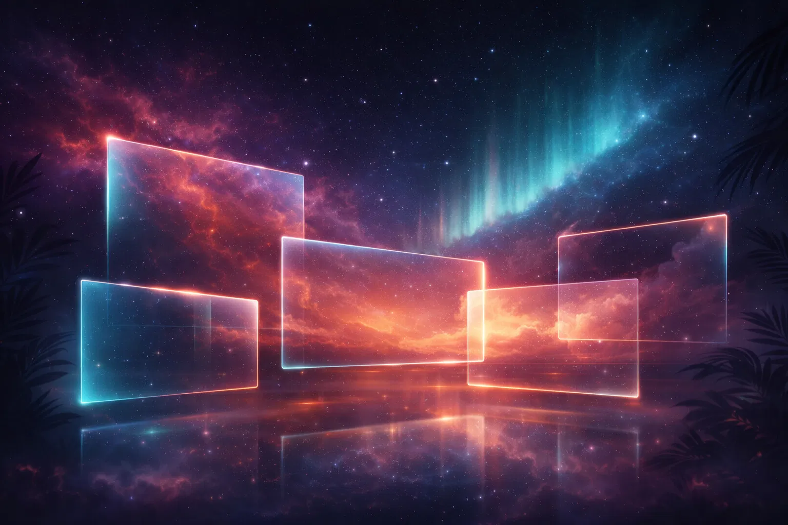 Floating glass product panels with neon edges