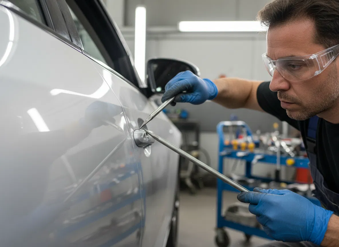 Especialista em martelinho de ouro realizando reparo sem pintura em veículo - Wando Oficina
