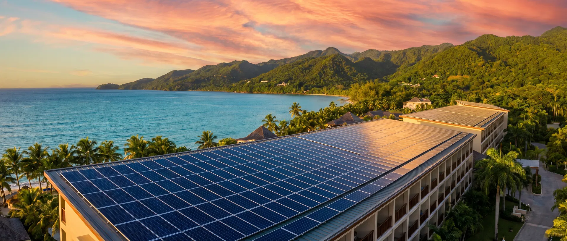 Solar panels on Caribbean rooftop at sunset