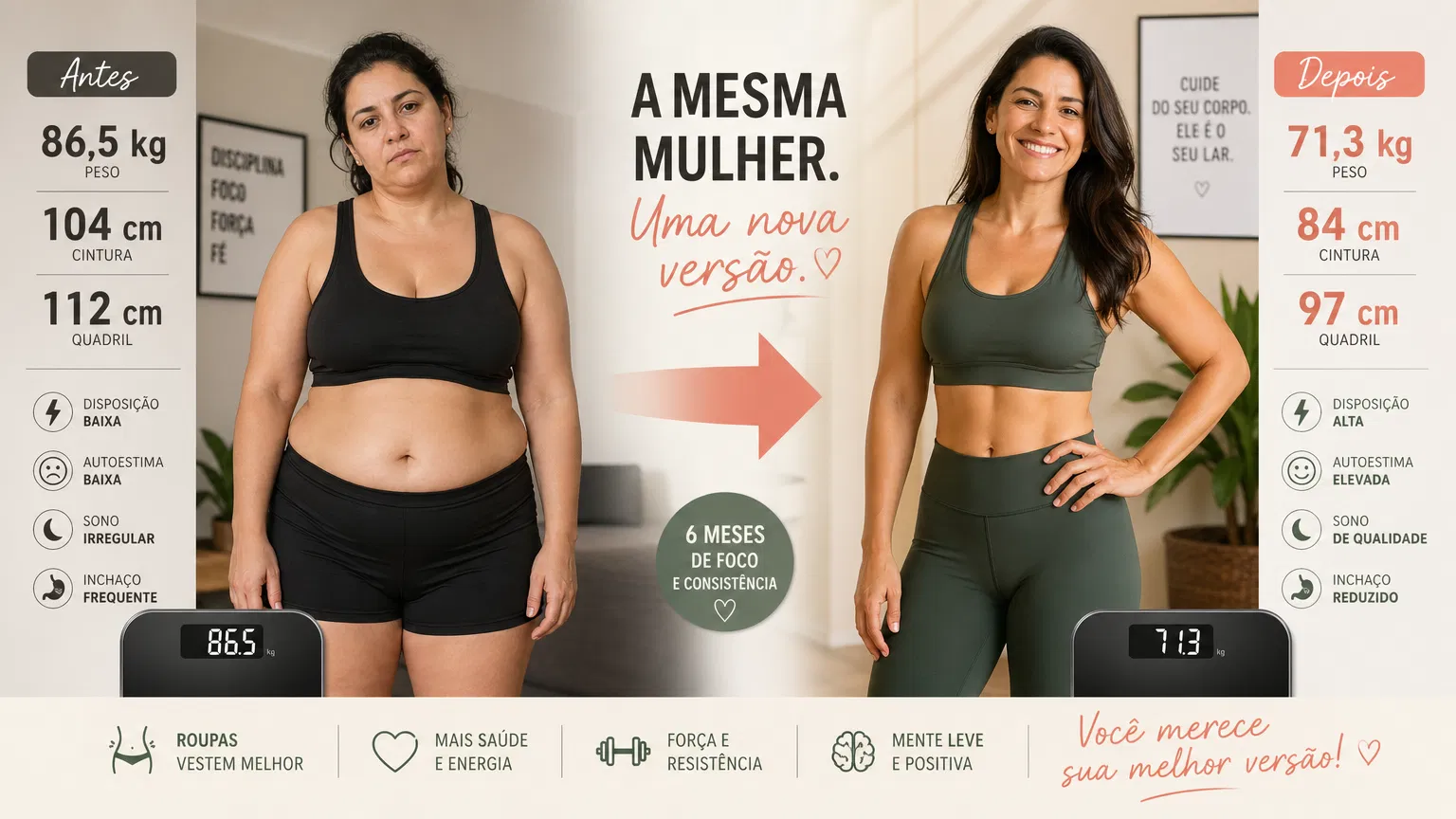 Transformação antes e depois