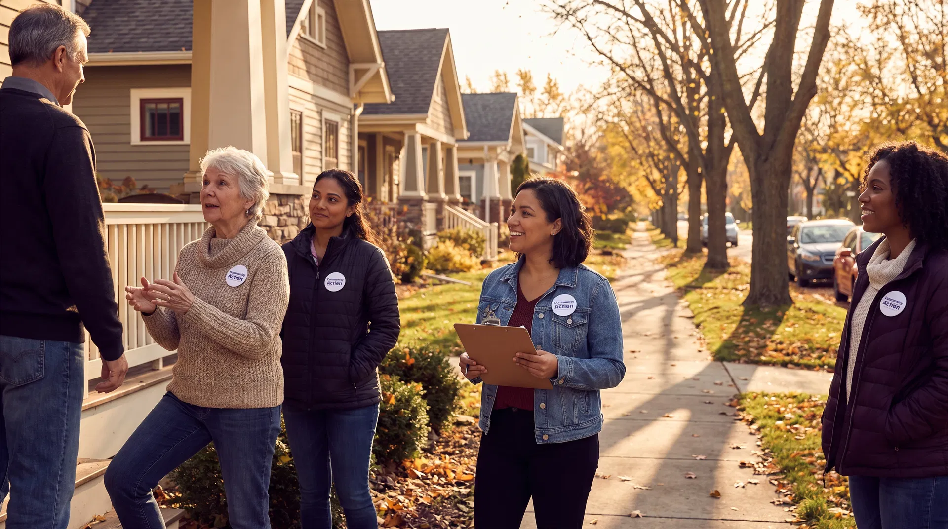 Community canvassing — women engaging with neighbors at their doors
