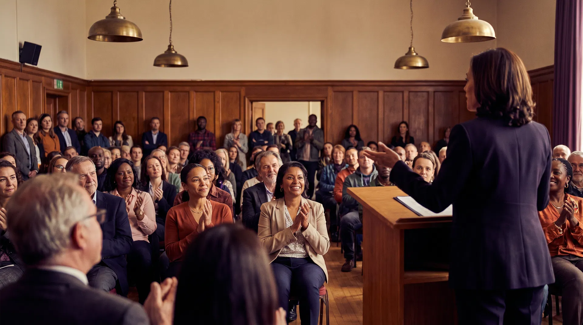 A woman speaking at a community town hall with an engaged audience