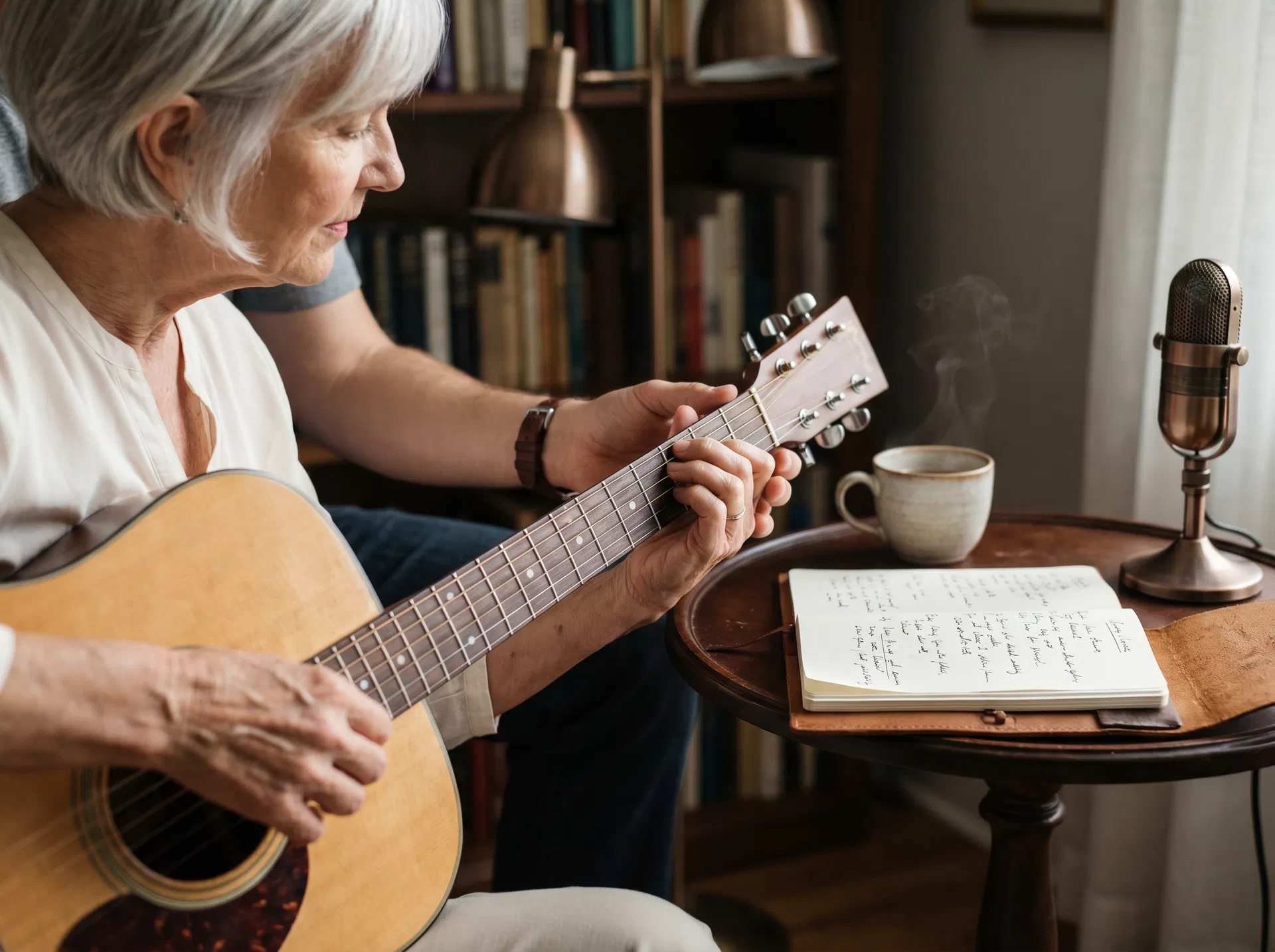 大人の方がギターを学ぶ落ち着いたレッスン風景
