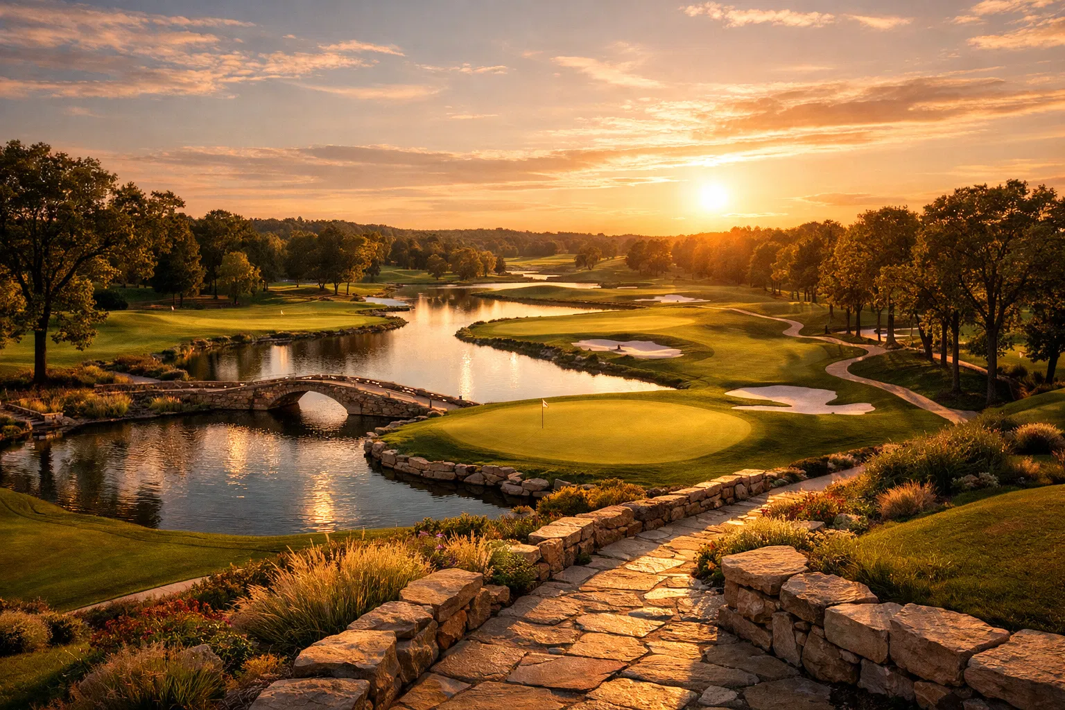 Championship golf course at sunset