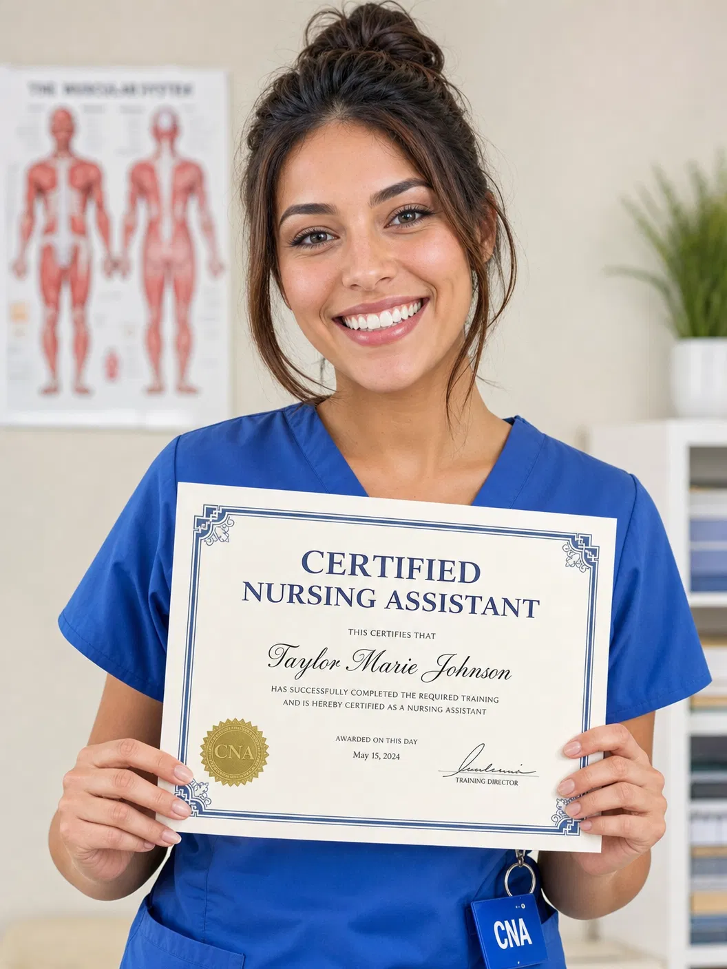 Happy CNA graduate holding certification diploma from Universal Care Albuquerque