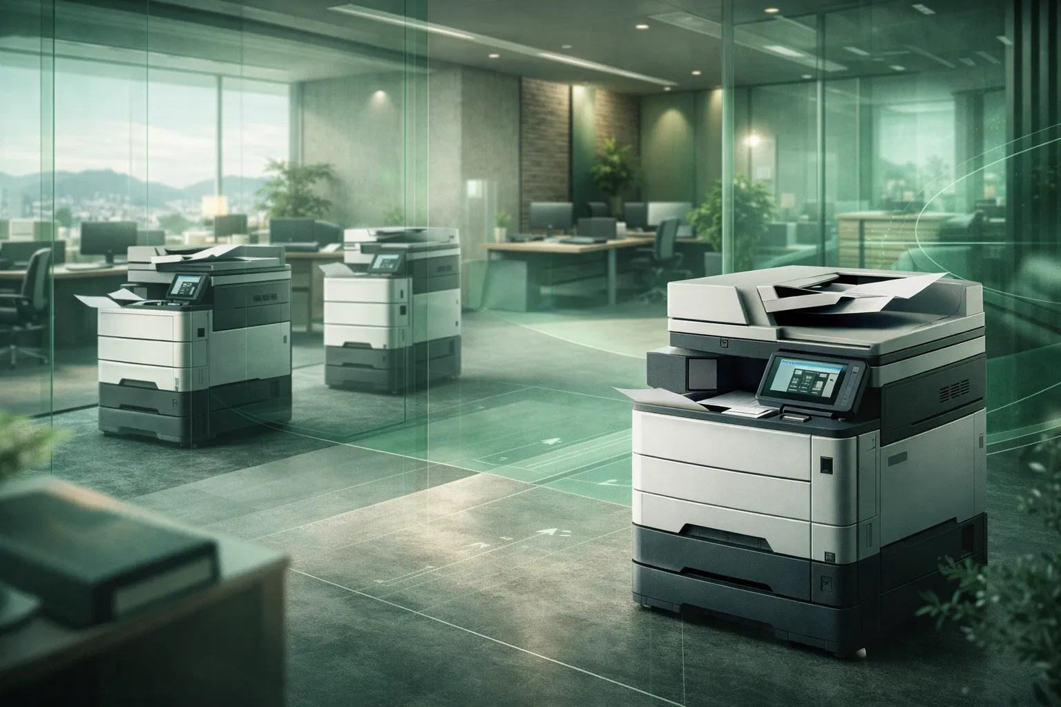 Ambiente corporativo com várias impressoras para gestão de impressão