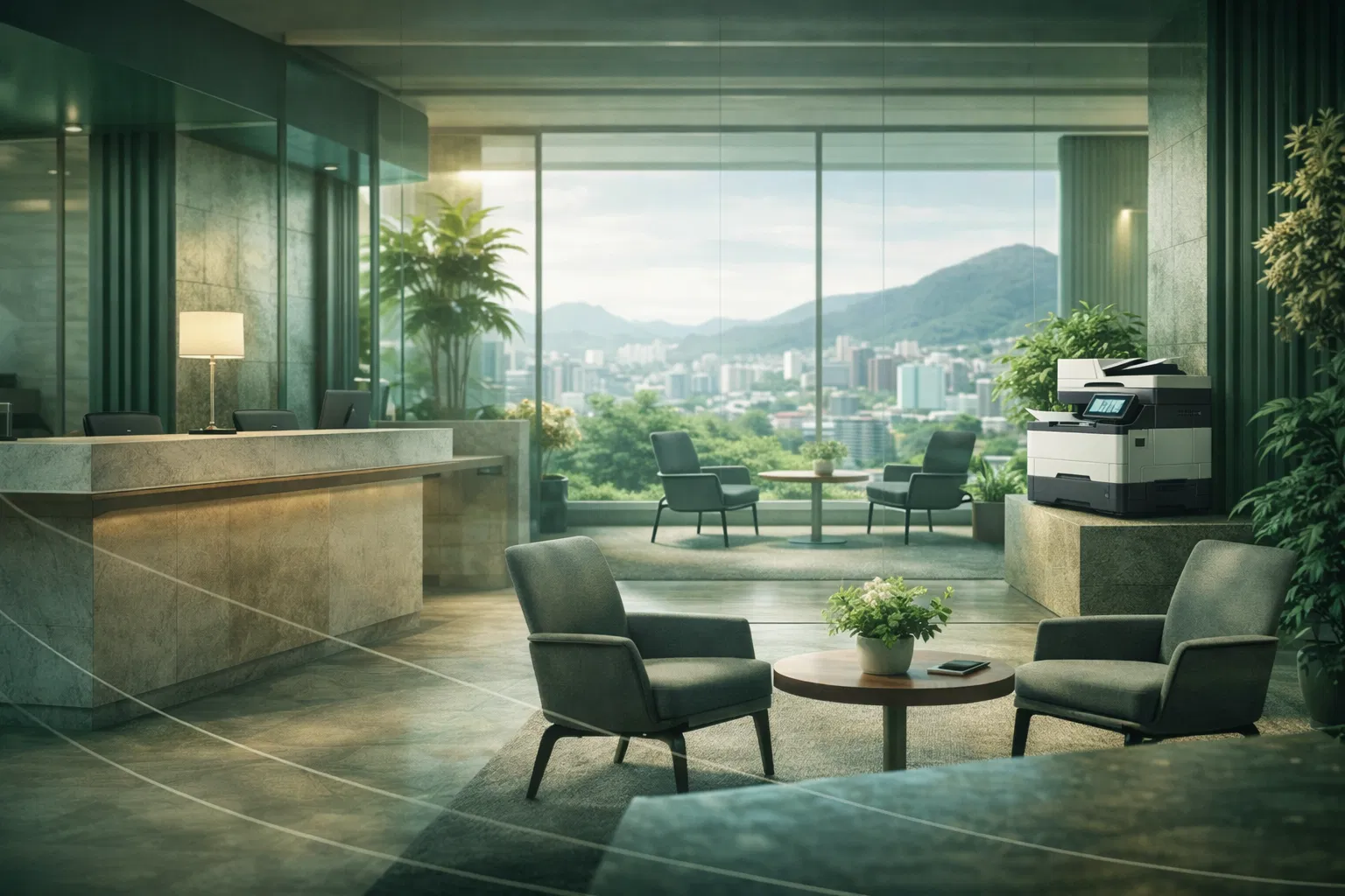 Recepção corporativa com vista de Belo Horizonte e impressora