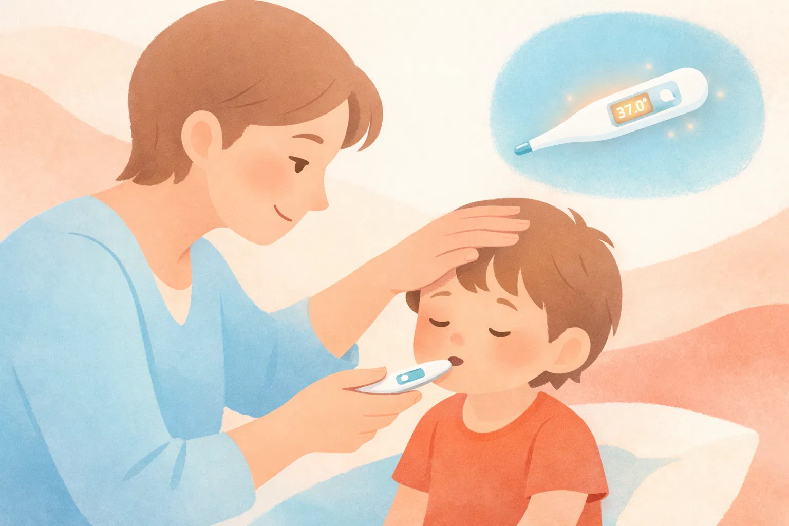 Mãe medindo temperatura da criança com termômetro digital