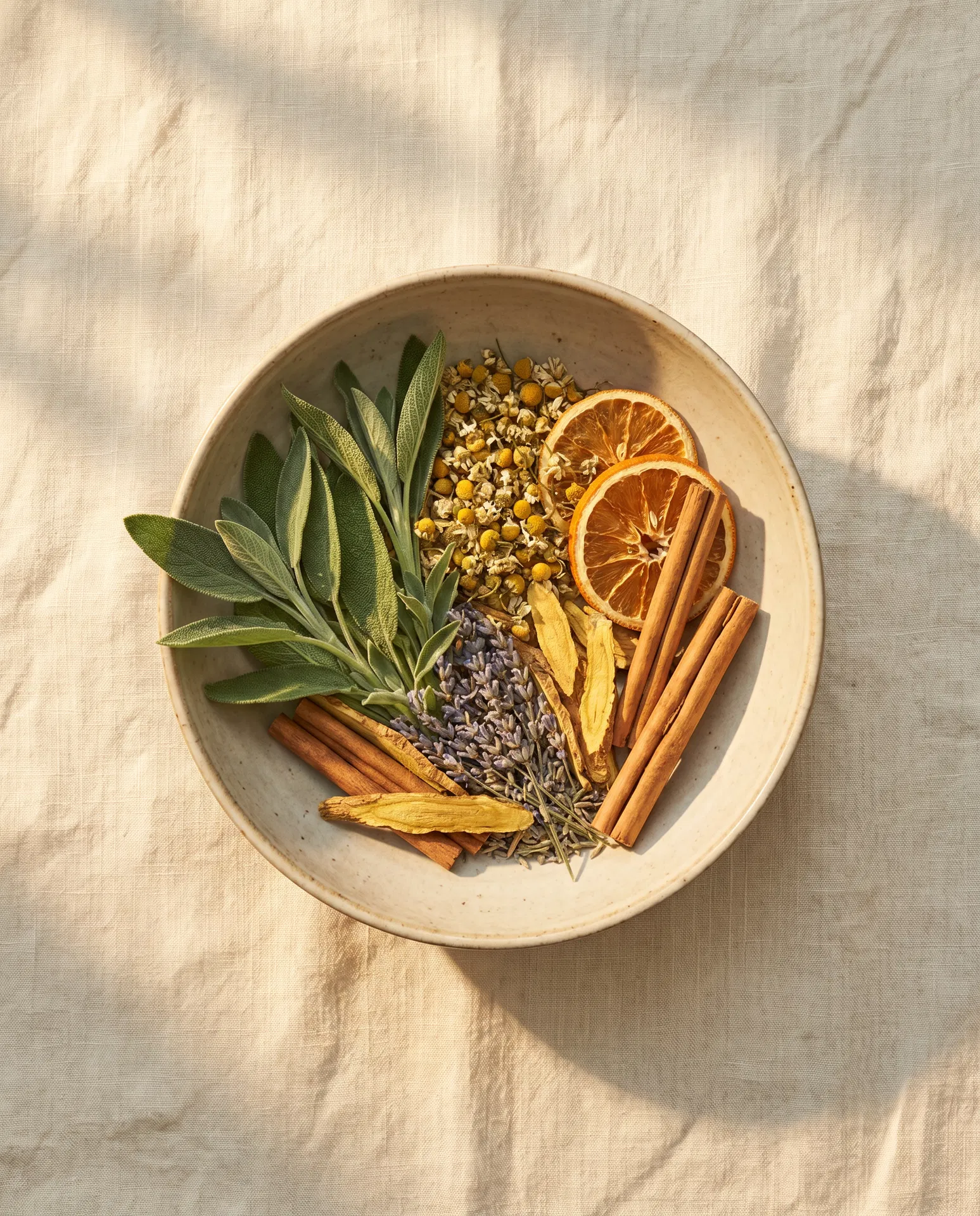 Ceramic bowl with curated herbs and botanicals in warm sunlight