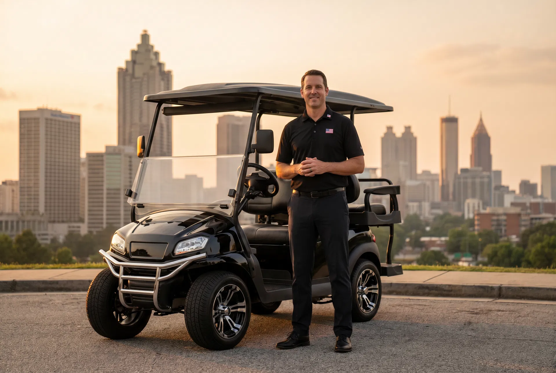 PDT ATL veteran owner with electric golf cart, Atlanta skyline