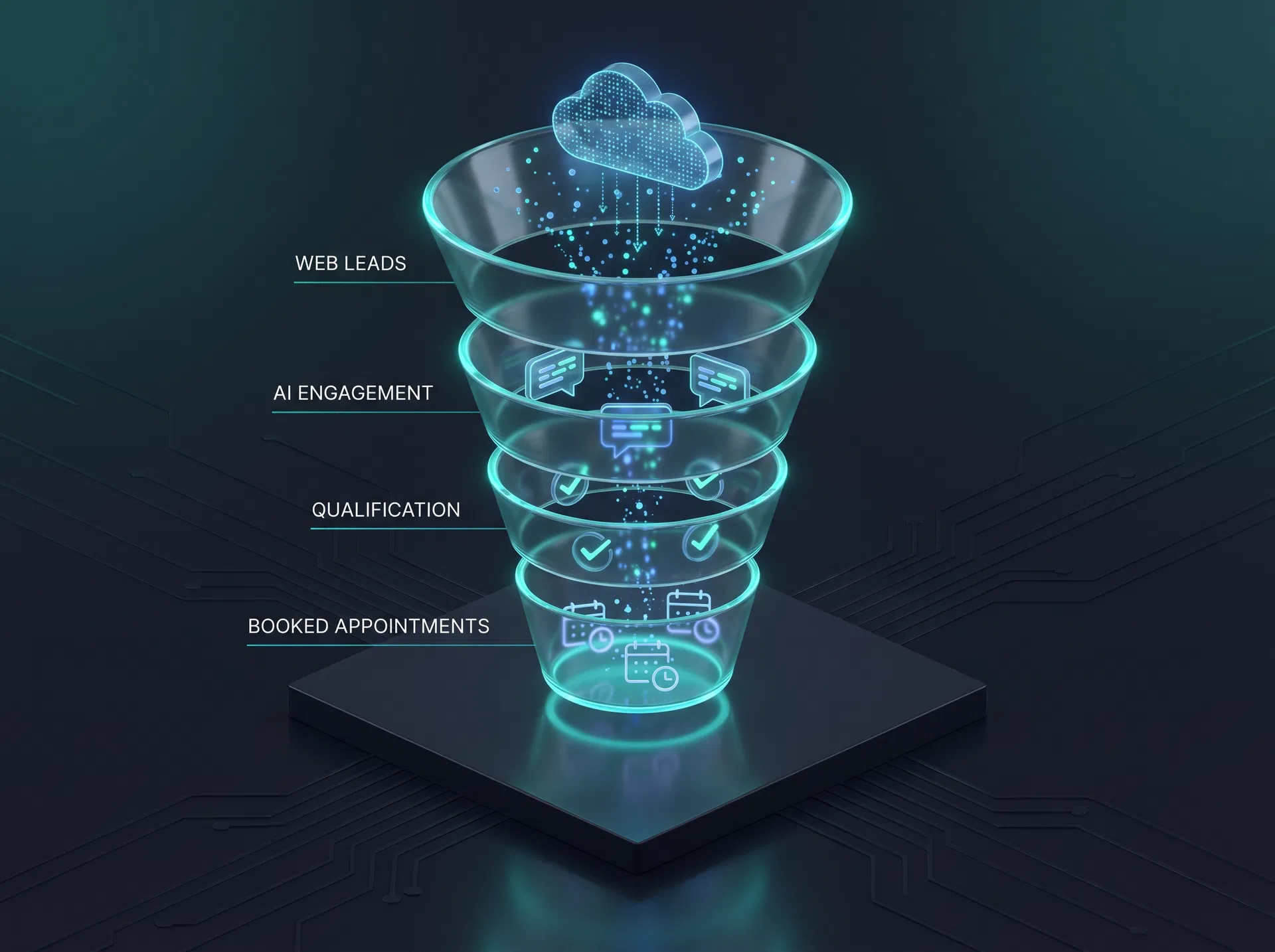 AI-powered lead conversion funnel showing web leads flowing through engagement, qualification, and booked appointments