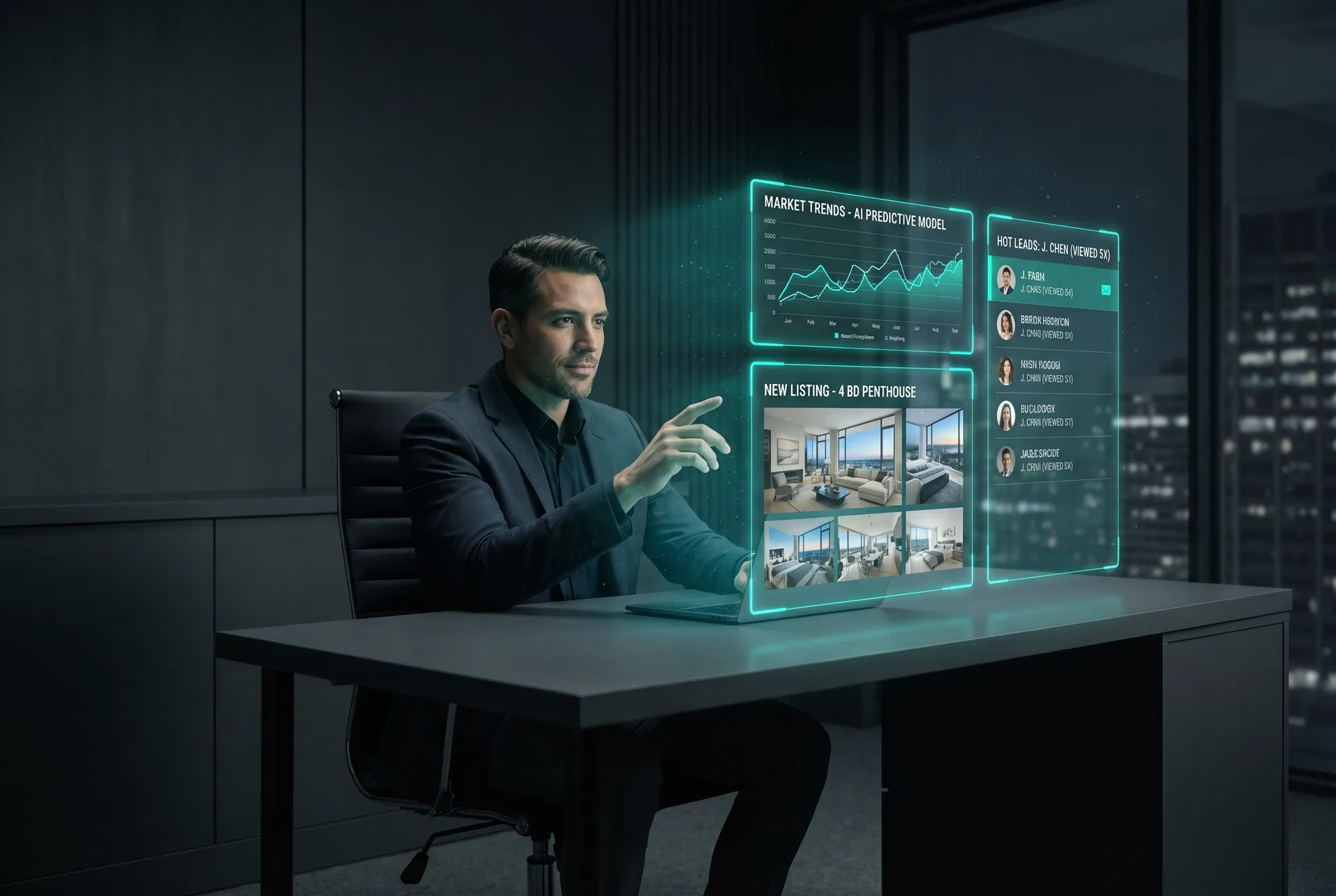 Real estate professional using AI-powered analytics dashboard with holographic displays