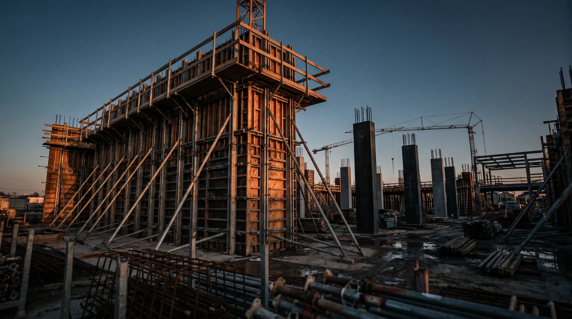 Formwork structure at dusk on a major concrete construction site