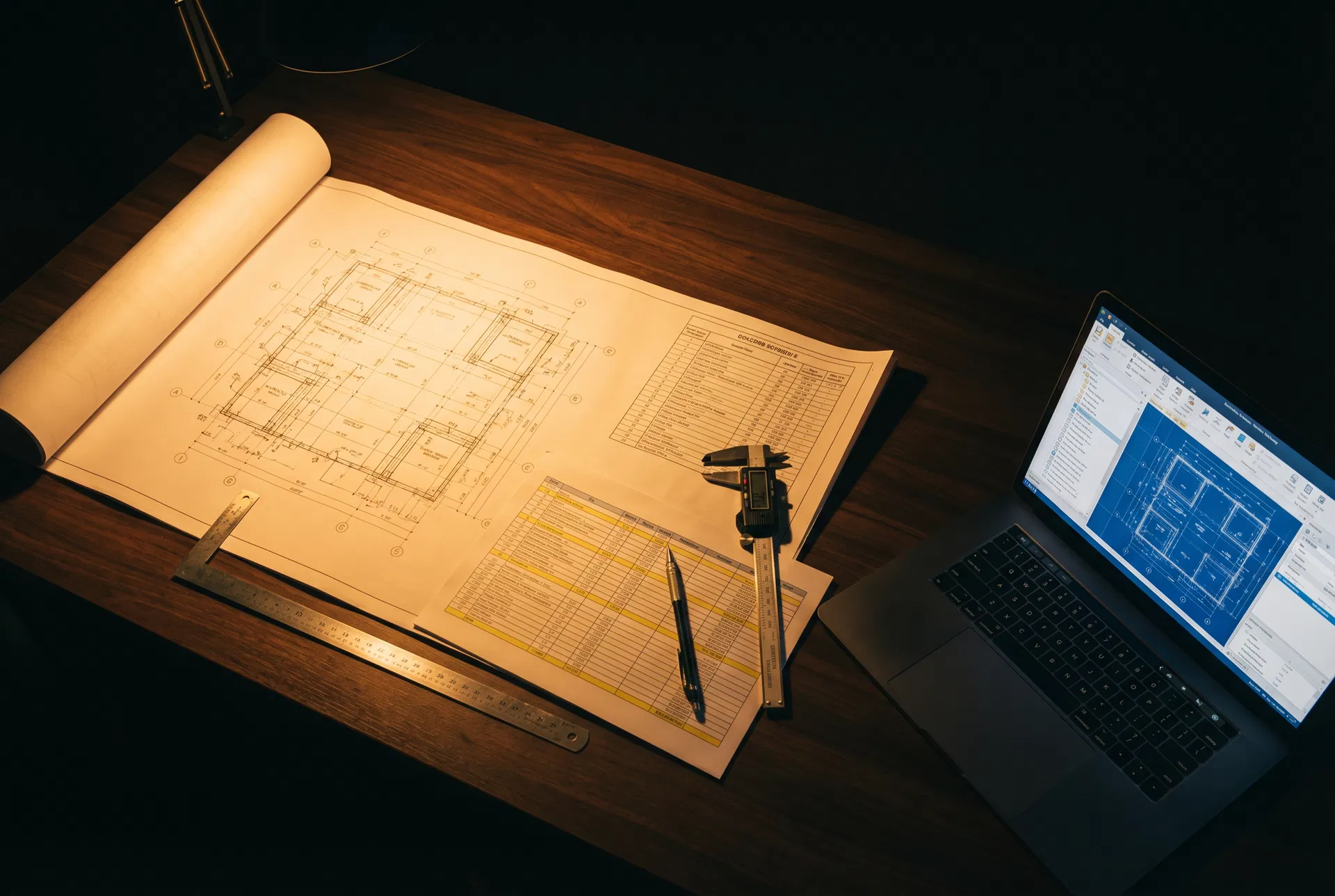 Estimator's desk with drawings, calipers and takeoff software
