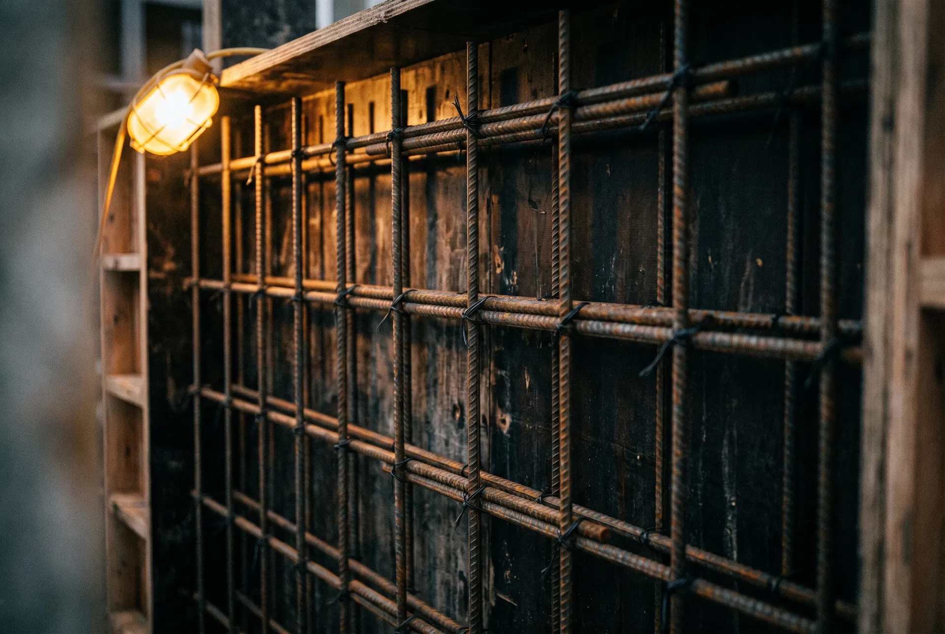 Reinforcement cage inside a formwork panel, warm work light
