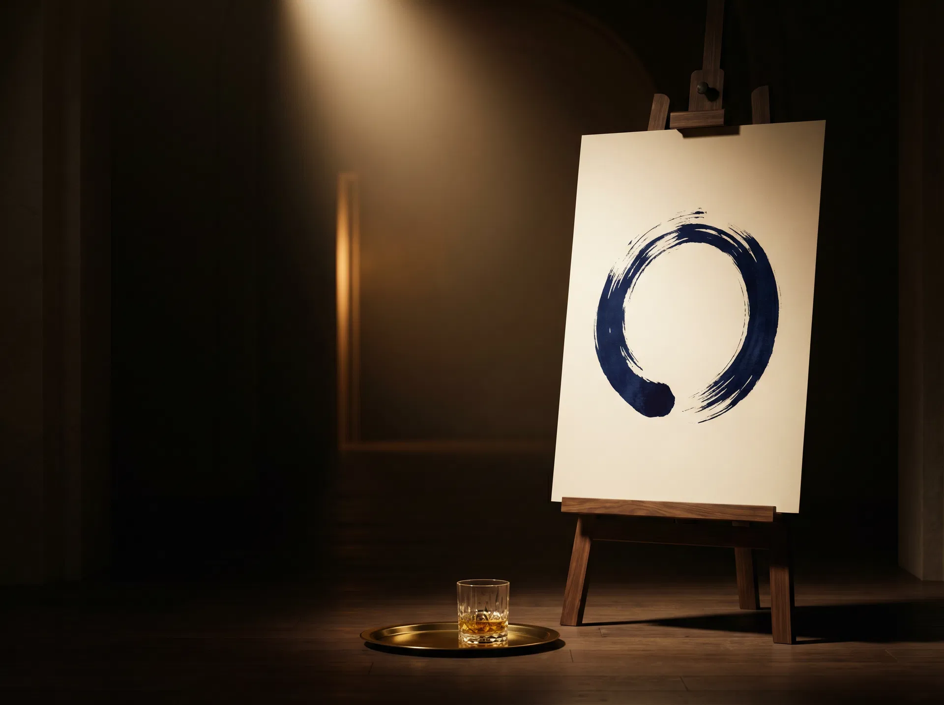 A softly lit cream candle, navy ensō card, and rose-toned dried florals