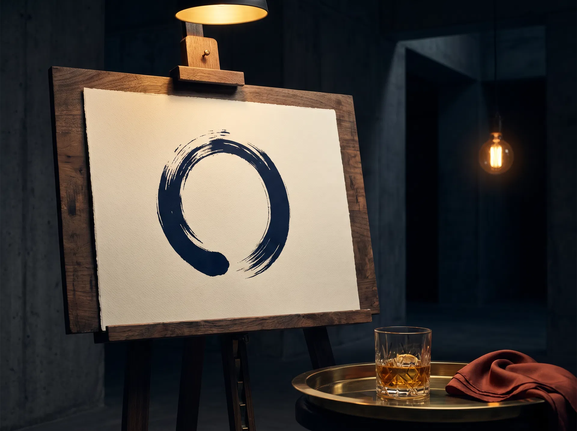 Soft pink dried roses, a navy ensō card, and a glowing candle in golden hour light