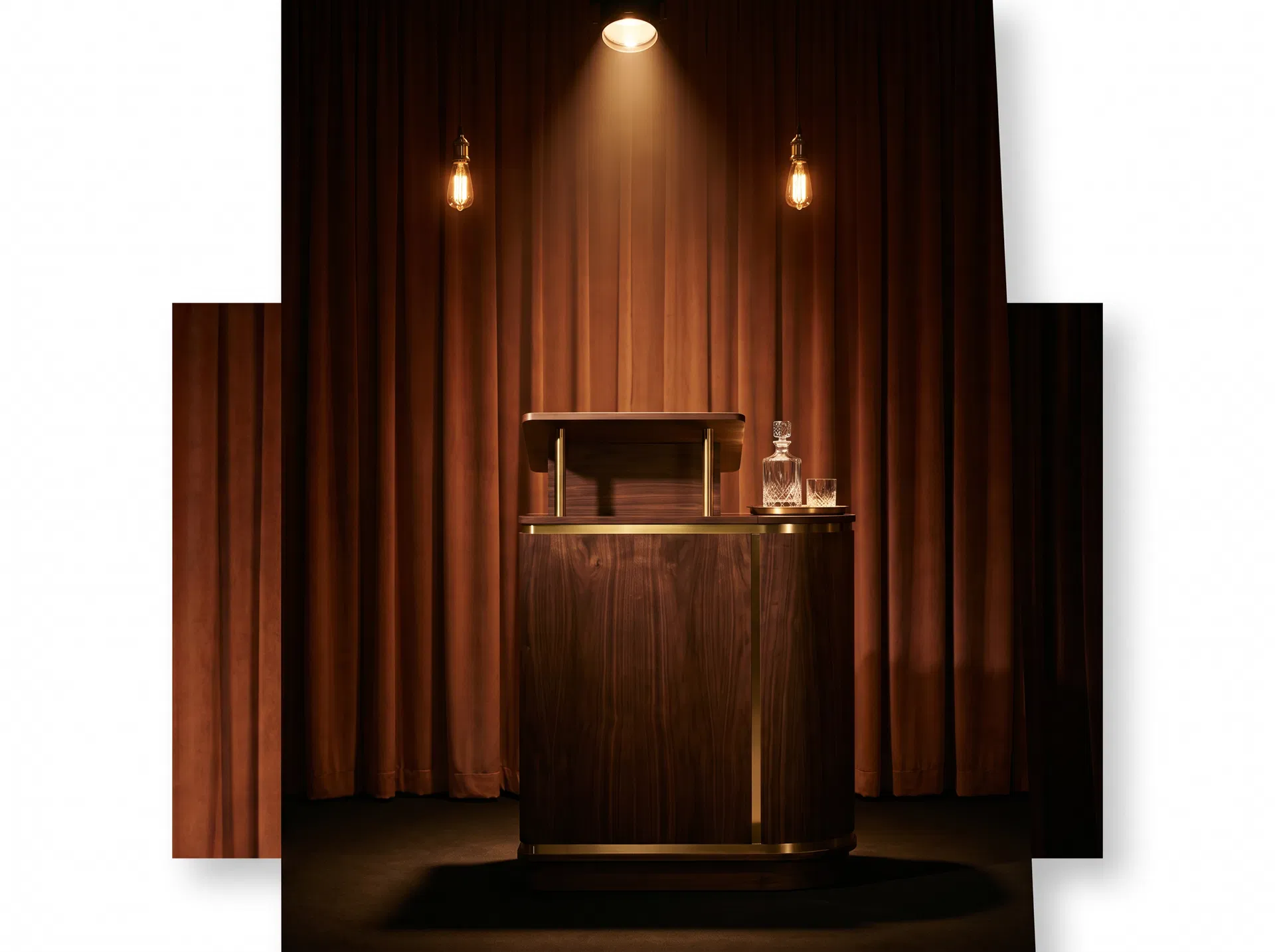 A wooden lectern with dried wildflowers and a glass of water
