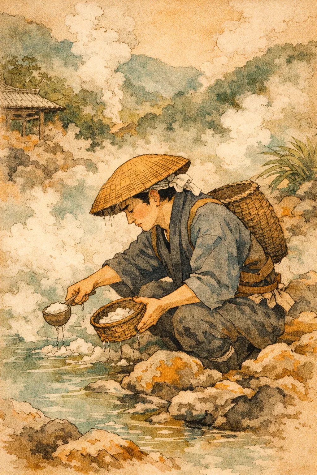 手工採集湯花粉的職人