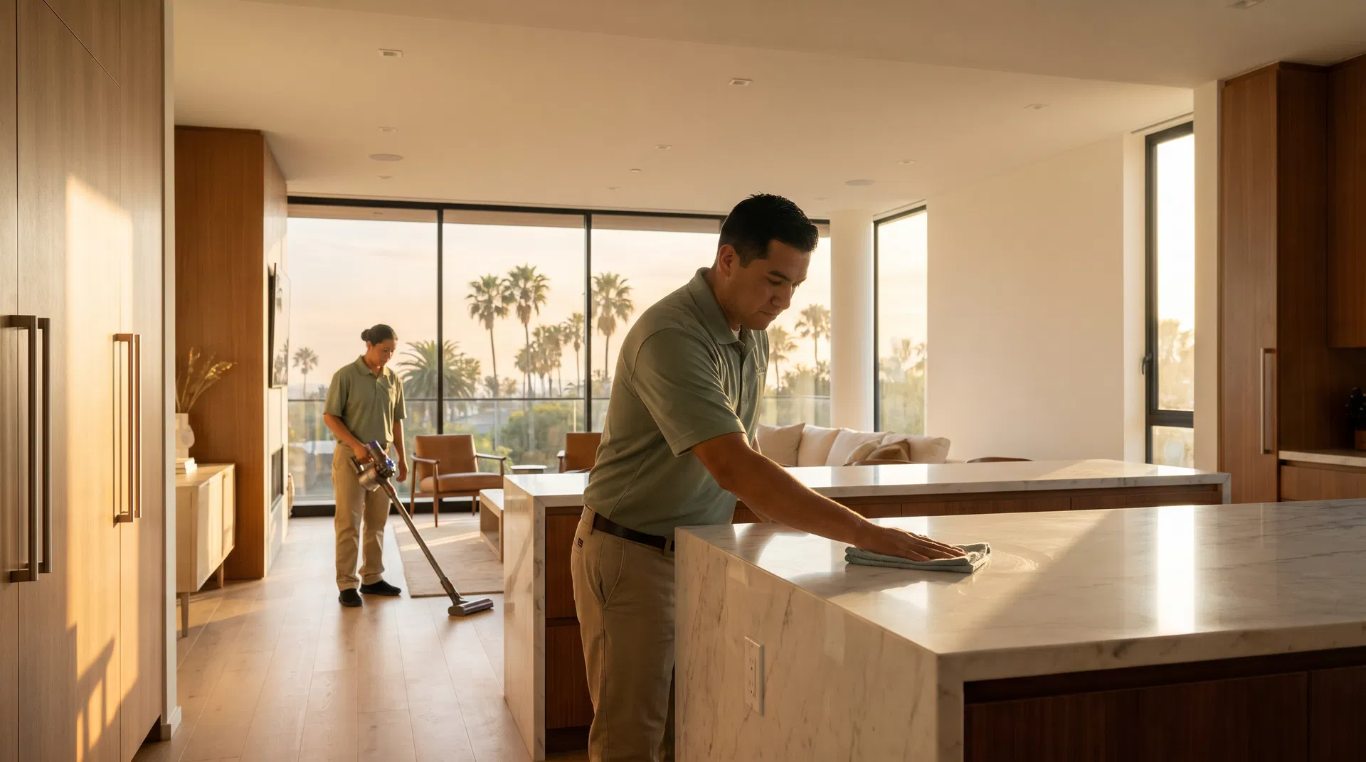 Professional cleaning team working in a beautiful Los Angeles home