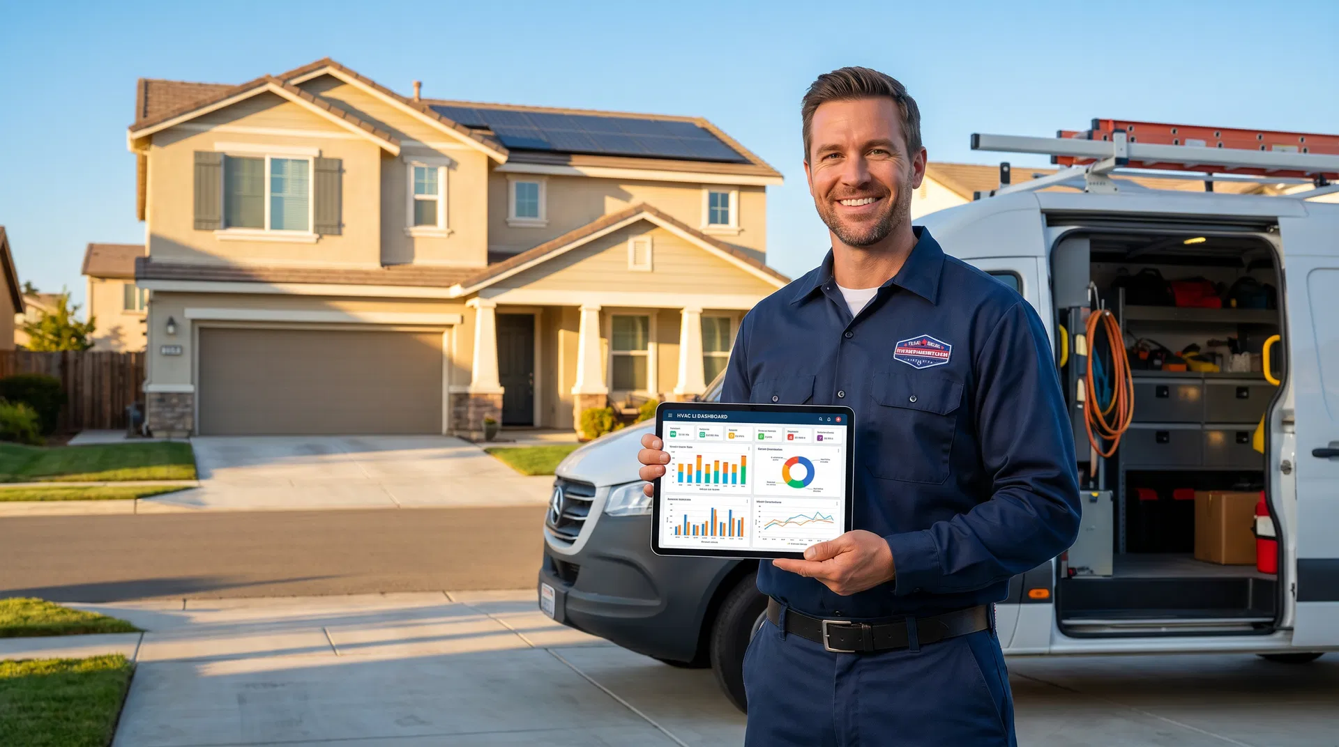 HVAC contractor using AI dispatch dashboard on tablet