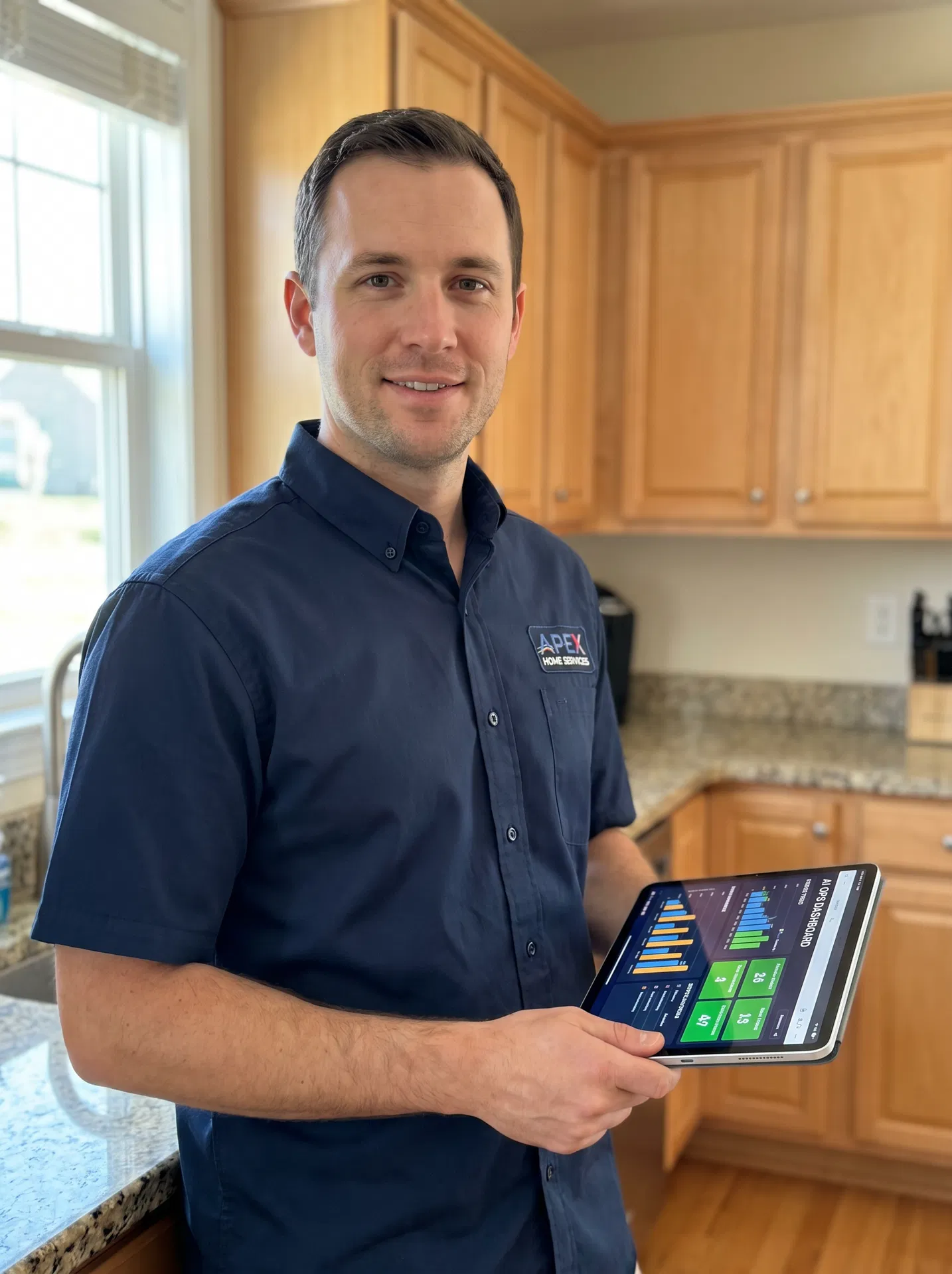 Home service technician reviewing AI operations dashboard on tablet
