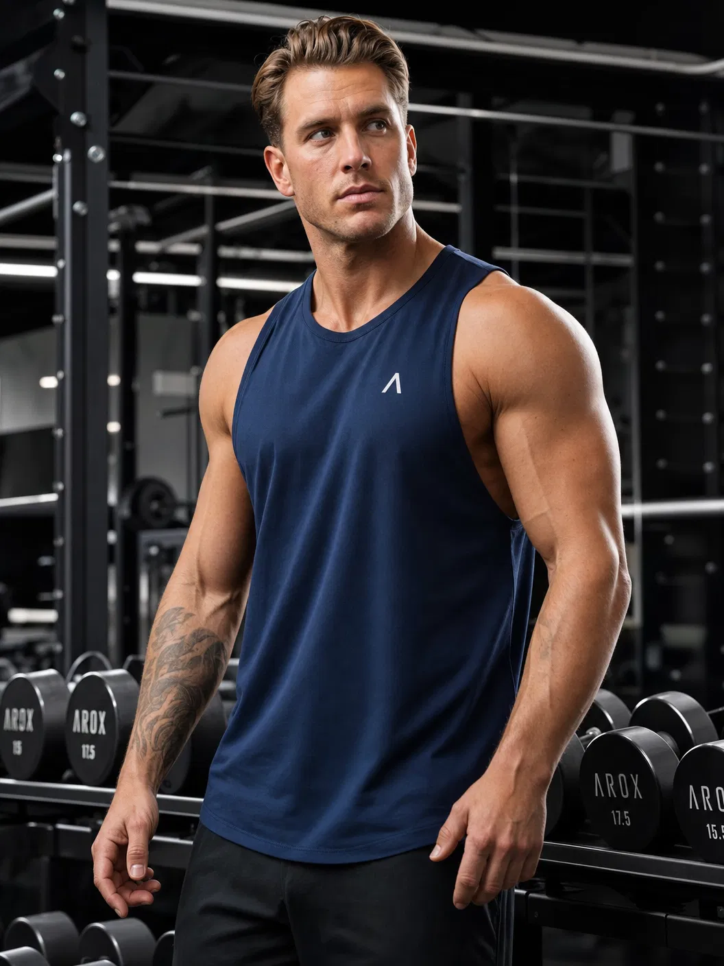 Male athlete wearing navy blue fitness tank top in gym setting