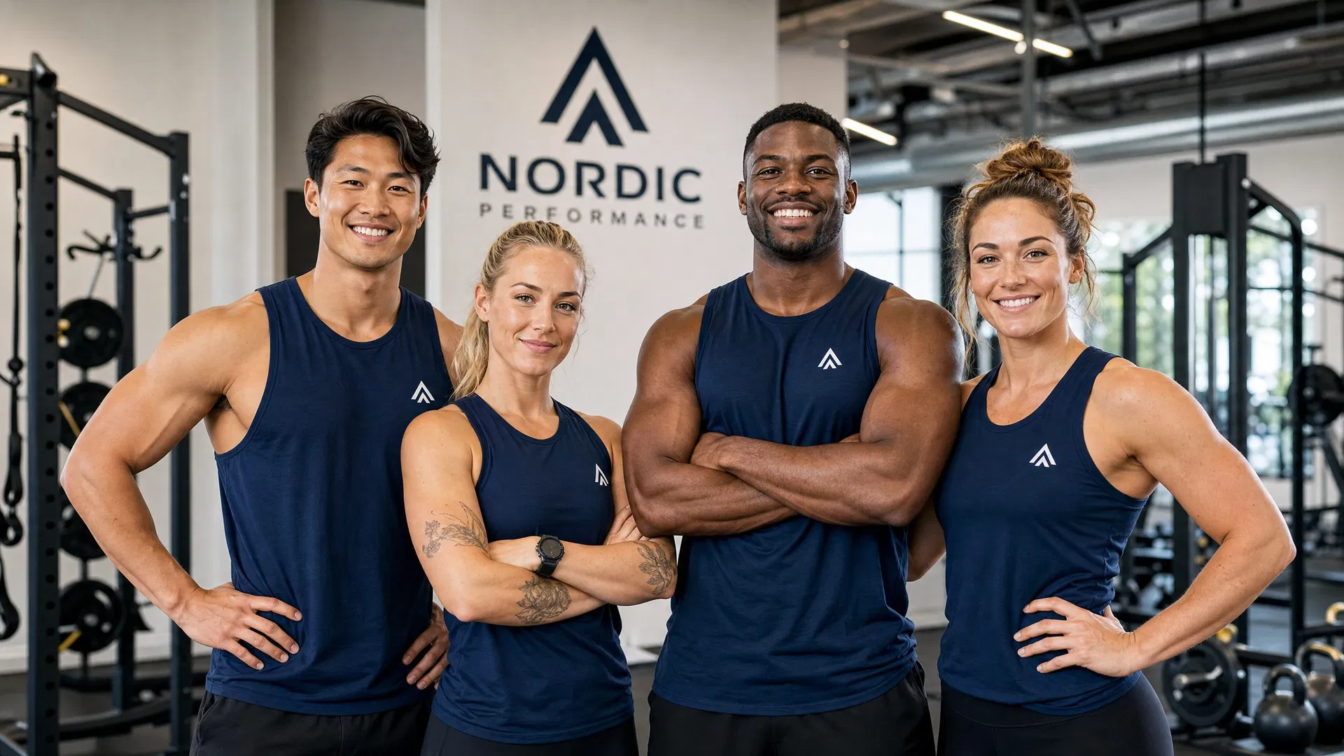 Fitness team wearing branded navy blue t-shirts - Arox Fitness partnership success