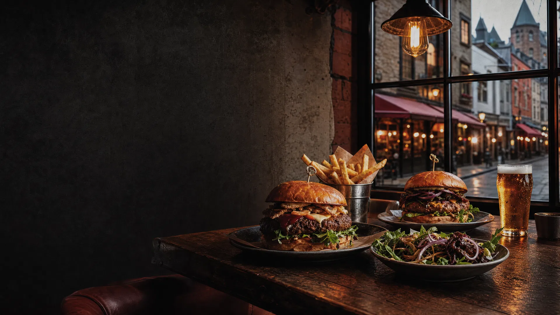 Burgers et ambiance bistro chaleureux, image conceptuelle