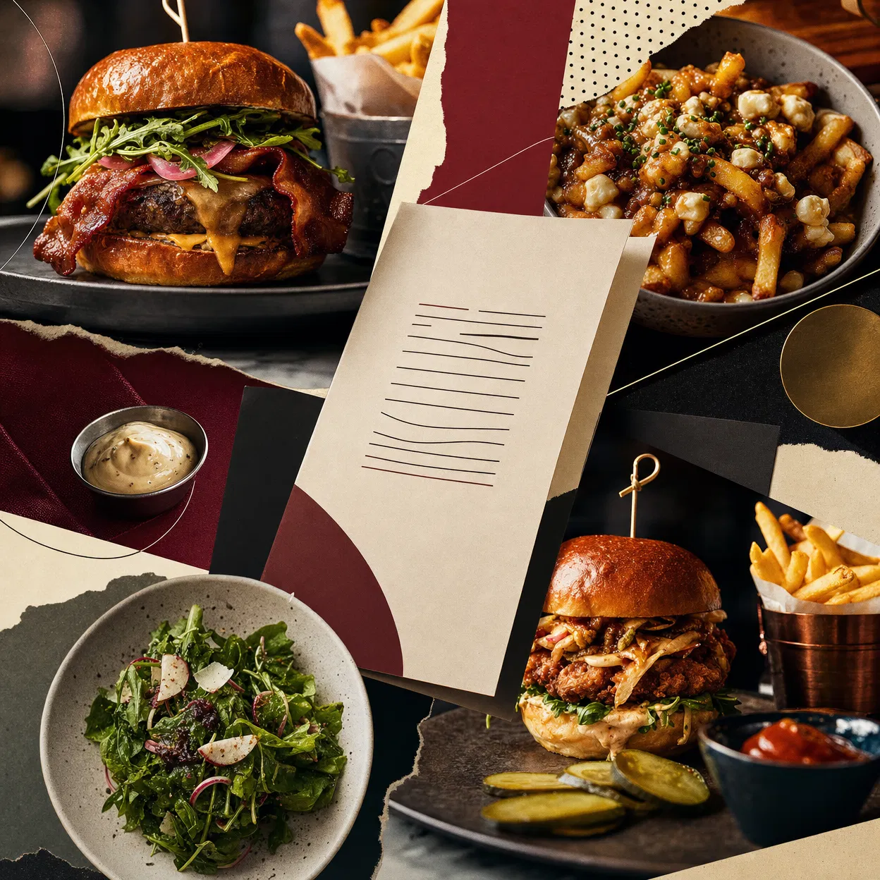 Collage conceptuel de burgers, frites et plats bistro